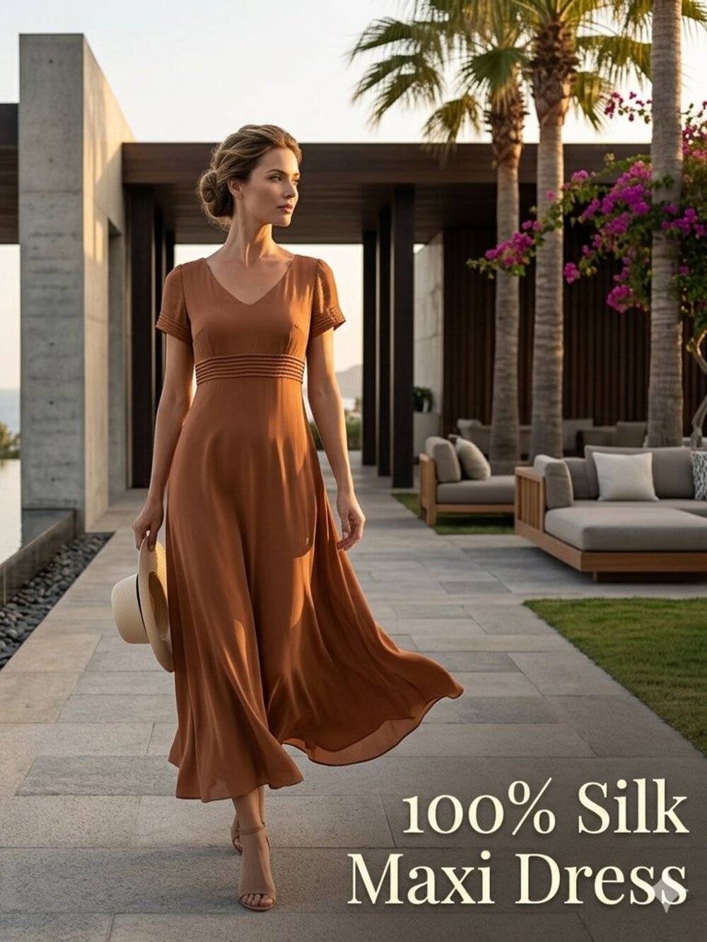 Episode Women Sz 10 Maxi Dress 100% Silk Pleated Lined Brown Flowy Luxury Preppy